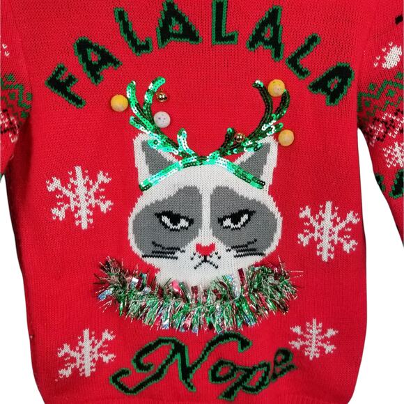 Ugly Christmas Sweater FaLaLaLaLa Nope Grumpy Cat Red Size Small - Picture 3 of 8